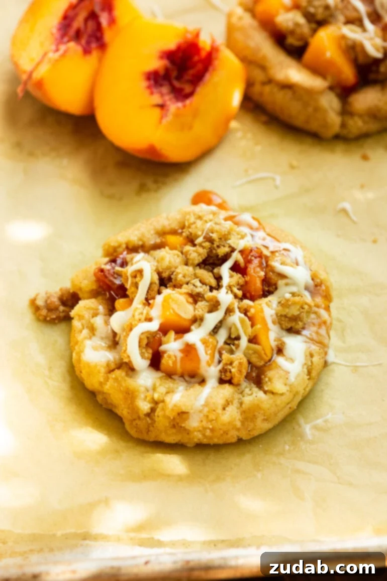 Peach Crisp Cookies 3 a photo of a golden peach crisp cookie with a sliced peach sitting next to it