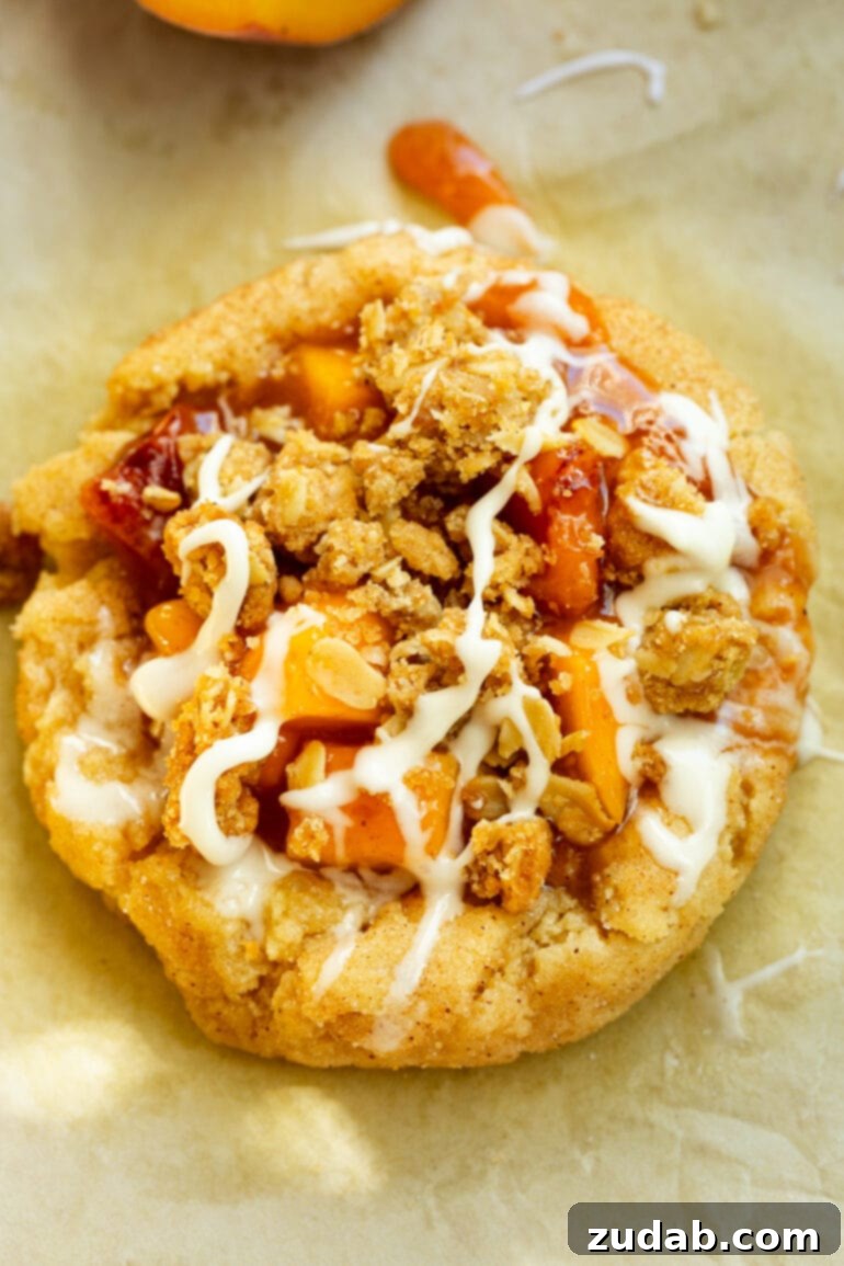 Peach Crisp Cookies 4 a photo of a golden cinnamon sugar cookie base topped with juicy peach filling and a crunchy oat topping and vanilla drizzle