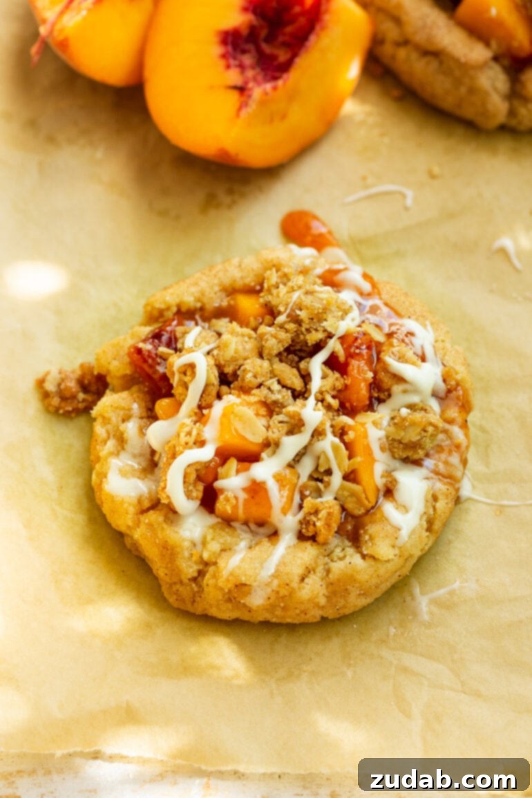 Peach Crisp Cookies 5 a photo of a single peach crisp cookie topped with juicy peach chunks, crunchy oat topping and a white vanilla drizzle.