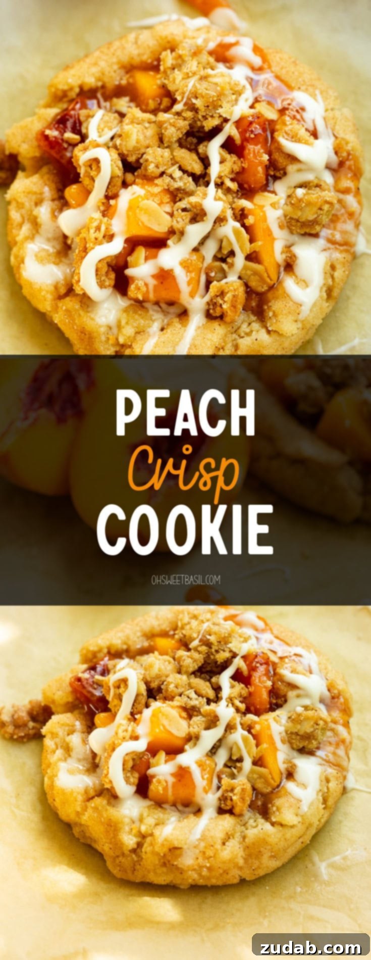 Peach Crisp Cookies 6 a photo of a golden peach crisp cookie with a sliced peach sitting next to it