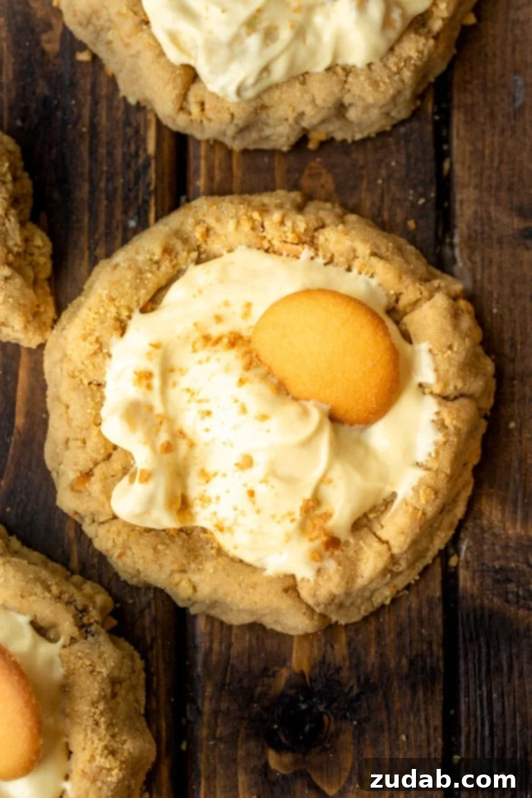 A top-down view of a delectable banana cream pie cookie, garnished with a Nilla wafer and a sprinkle of graham cracker crumbs, ready to be enjoyed.