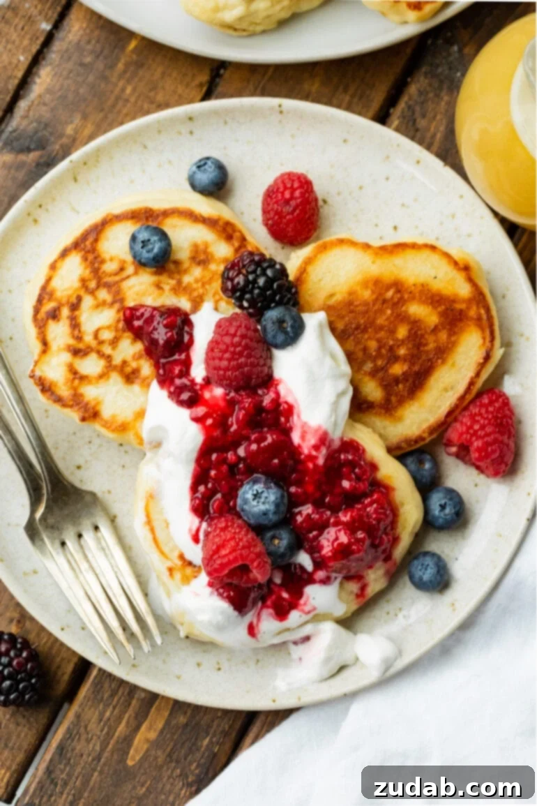 Cloud-Like Fluffy Ukrainian Oladi Pancakes 9 a photo taken over the top of a plate topped with three golden oladi pancakes topped with fresh berries and whipped cream.