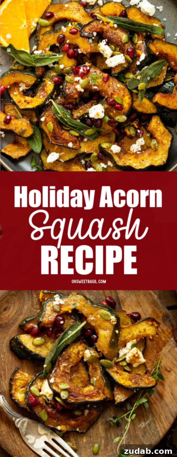 Festive Acorn Squash Delight 13 A stunning photo of perfectly roasted acorn squash slices, beautifully presented and generously adorned with ruby-red pomegranate seeds, crumbled feta cheese, crispy fried fresh sage, and fresh thyme sprigs, ready to be served.