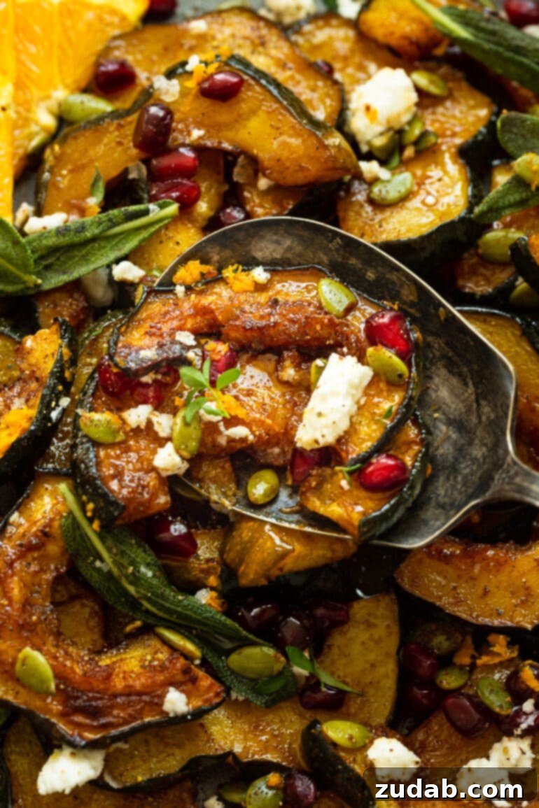 Festive Acorn Squash Delight 7 A close-up shot of a large silver serving spoon gracefully dishing up a generous portion of roasted holiday acorn squash from a rustic wooden serving plate, showcasing the rich colors and textures of the dish.