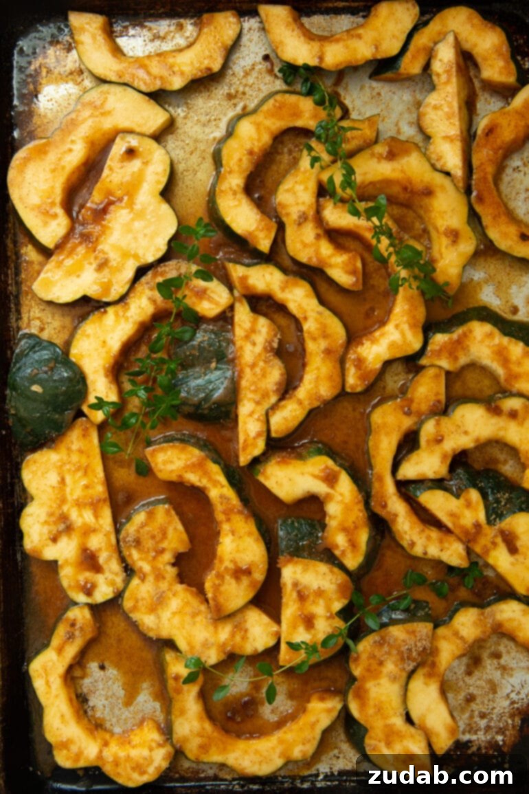 Festive Acorn Squash Delight 8 A captivating overhead shot of uncooked acorn squash slices, beautifully coated in a rich mixture of seasonings and scattered enticingly across a baking sheet, ready for roasting.