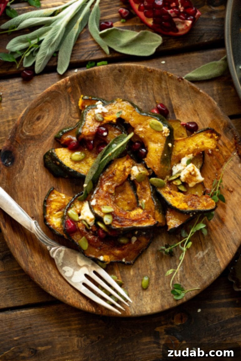 Festive Acorn Squash Delight 10 A close-up photo of a single serving of glistening holiday acorn squash, meticulously arranged on a rustic wooden plate, with a gleaming silver fork resting beside it, inviting a taste.