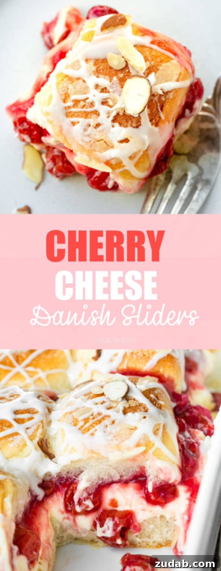 Sweet Cherry Cheese Danish Sliders 9 A stunning full-frame shot of a baking dish overflowing with golden-baked Cherry Cheese Danish Sliders, richly filled with cherry pie and creamy cheesecake, perfectly finished with a sweet drizzle and sliced almonds. Ready to be served!