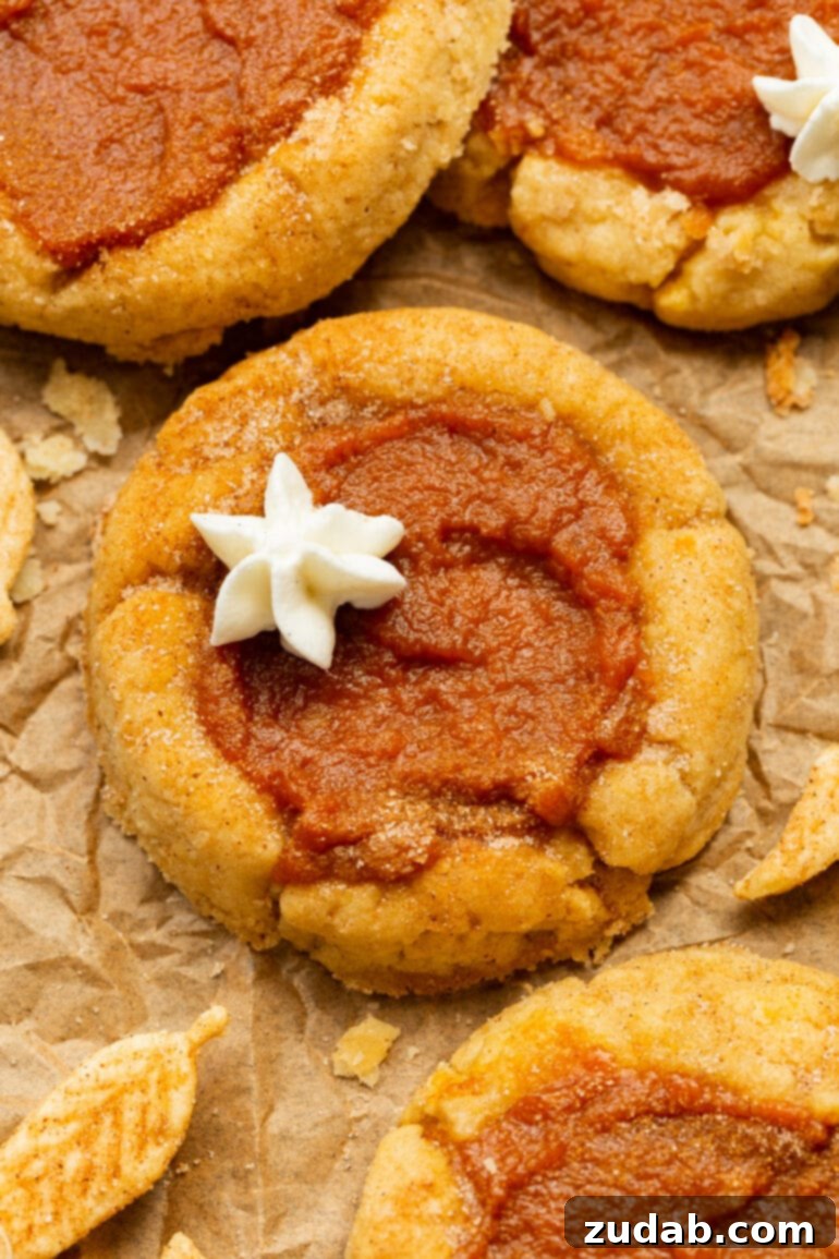 Pillowy Pumpkin Pie Cookies 6 A photo taken from above, showcasing a single pumpkin pie cookie elegantly topped with a piped dollop of whipped cream, inviting a delicious bite.