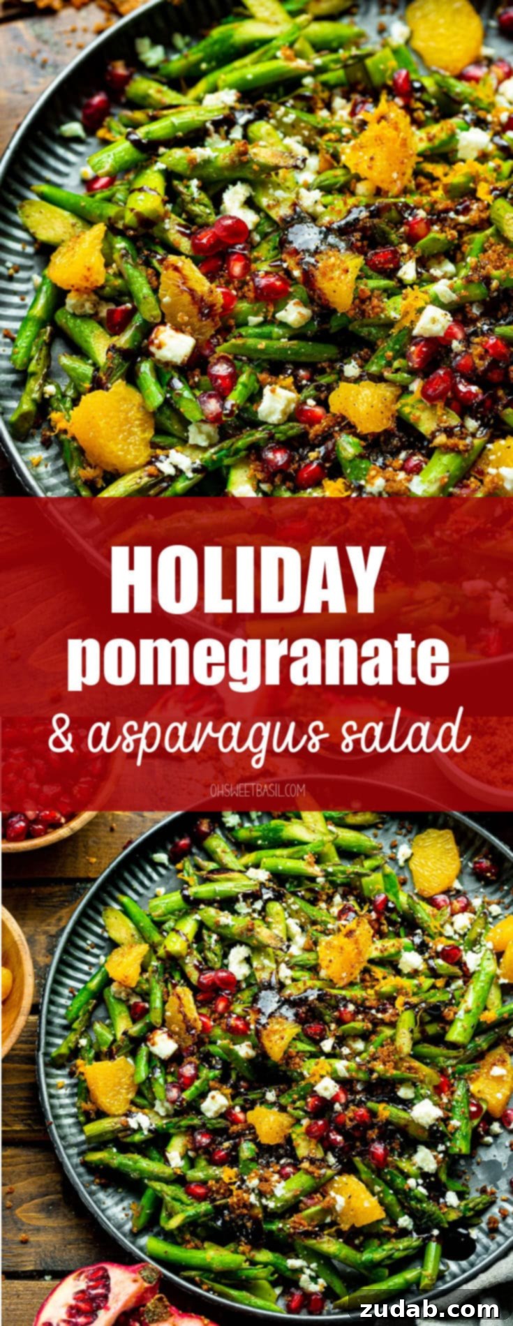 A stunning close-up of the Holiday Pomegranate and Asparagus Salad, showcasing its rich textures, vibrant colors, and gourmet presentation, ready for a festive table.