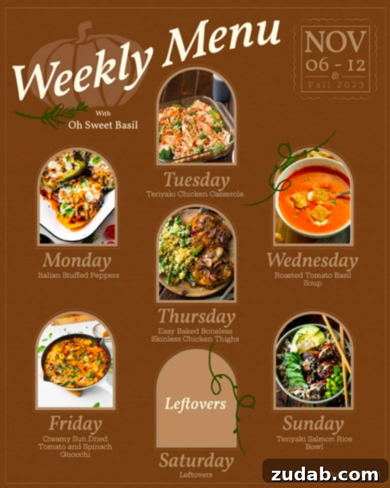 Meals for the Week of November 6-12 2 A vibrant collection of diverse weekly meal ideas, presented as a collage or grid, encouraging healthy and delicious home cooking throughout the week.