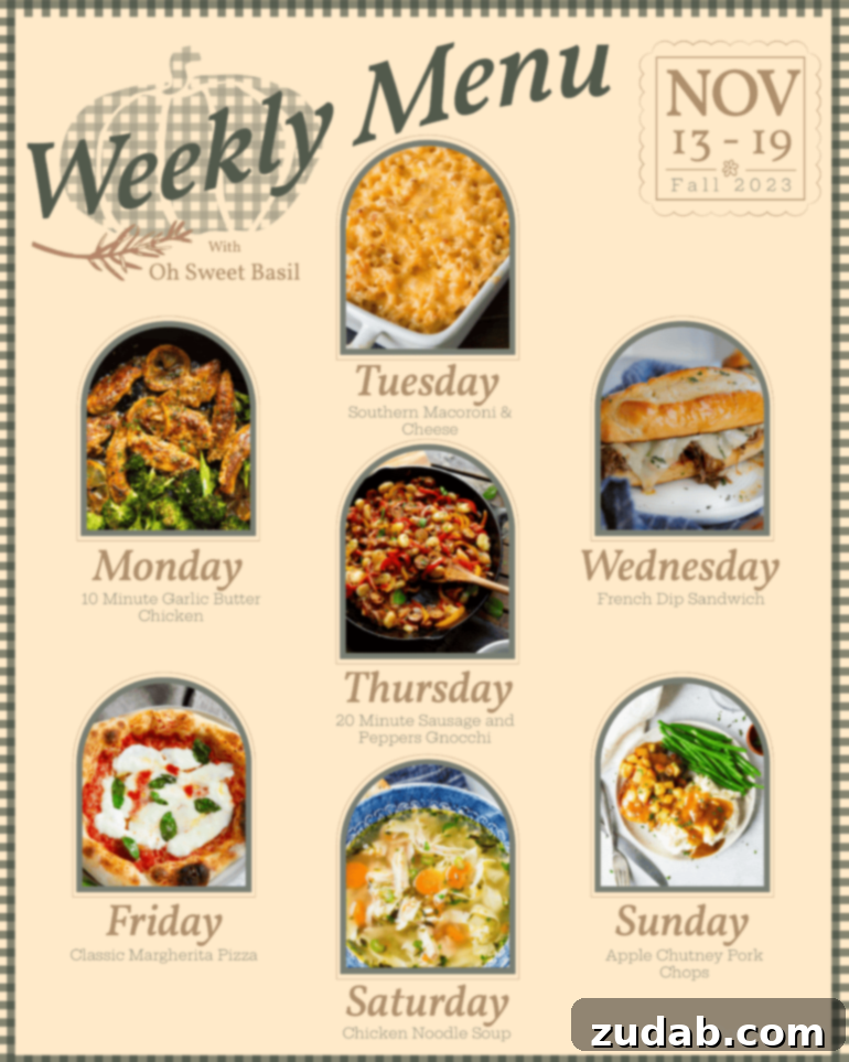 Weekly Menu Plan - Nov. 13 to 19 2 A vibrant graphic depicting a weekly menu plan with images of various delicious dishes for each day of the week, from November 13th to 19th.