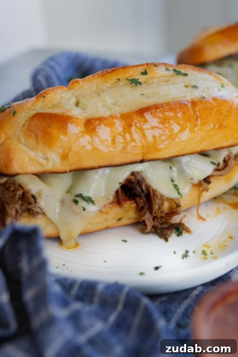 Weekly Menu Plan - Nov. 13 to 19 5 A hearty French Dip sandwich beautifully presented on a plate, featuring thinly sliced, succulent beef and melted cheese on a golden hoagie roll, accompanied by a small bowl of savory au jus for dipping.