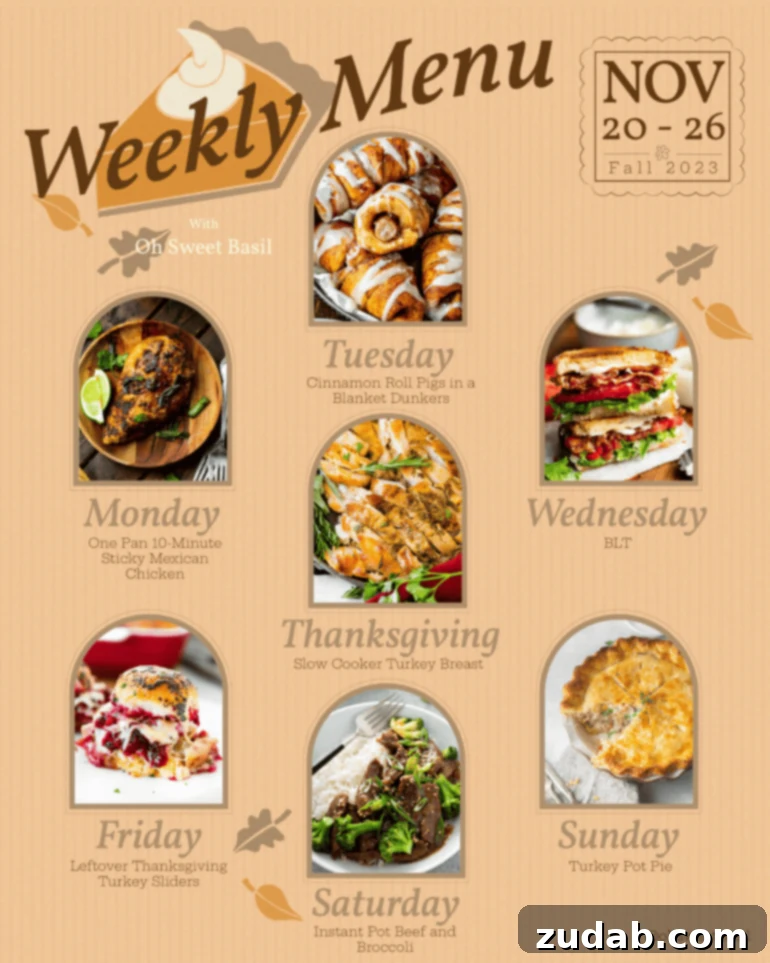 Weekly Meal Plan: November 20-26 2 A vibrant graphic displaying a weekly menu plan with appealing photos and names of recipes for each day, set against a festive, autumnal background.