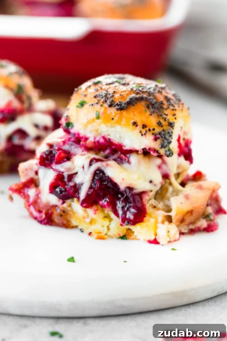 Weekly Meal Plan: November 20-26 7 A tray of delectable turkey cranberry sliders, generously covered in a buttery poppyseed dressing, with savory turkey, sweet cranberry sauce, and melted cheese visibly oozing from the sides.