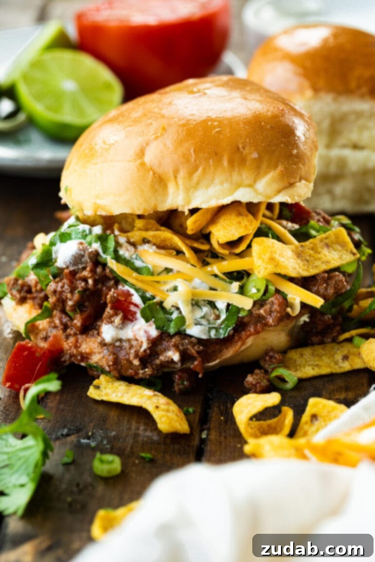Weekly Meal Plan: November 27 - December 3 5 A hamburger bun generously stuffed with juicy taco meat, shredded lettuce, cheddar cheese, sour cream, diced tomatoes, and a layer of crunchy Fritos, creating a delicious Taco Sloppy Joe.