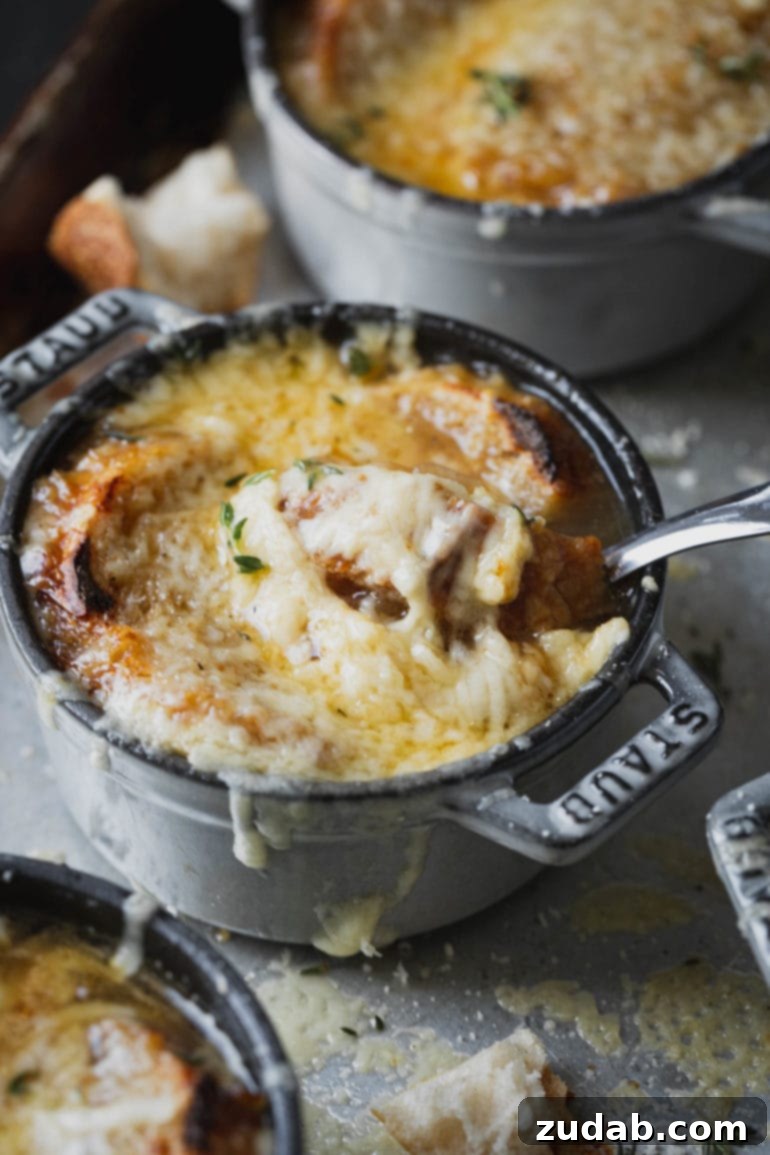 Weekly Meal Plan: November 27 - December 3 8 A spoon emerging from a bowl of exquisite French onion soup, showcasing gooey melted cheese and toasted bread atop the rich, savory broth.