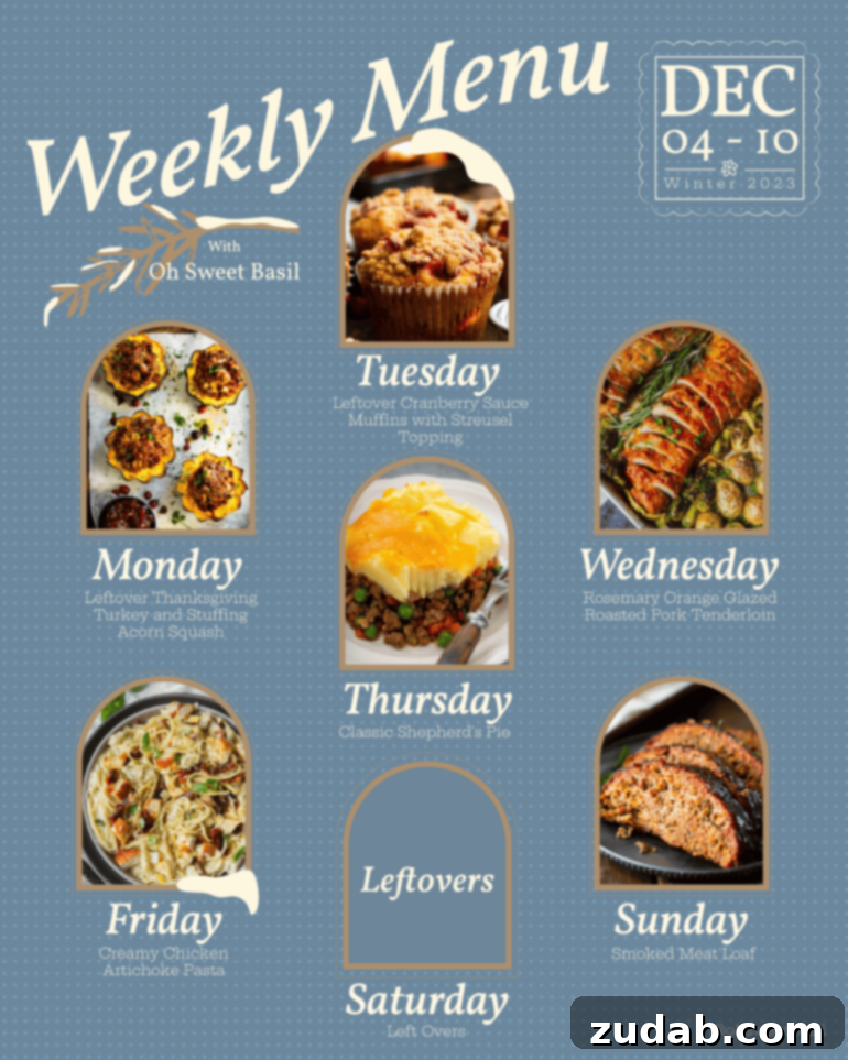 Savor the Week Meal Plan Dec 4-10 2 A beautifully presented weekly meal plan graphic featuring various dishes and text for December 4-10, emphasizing the use of Thanksgiving leftovers.