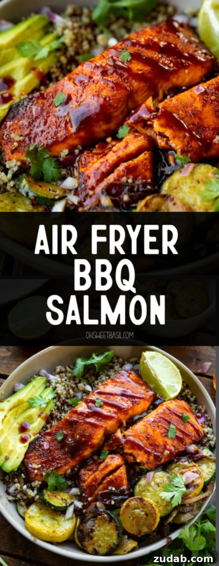 Perfect Air Fryer BBQ Salmon 10 a photo of two salmon fillets glazed with bbq sauce sitting on a plate surrounded by grilled zucchini slices, lime wedges and sliced avocado