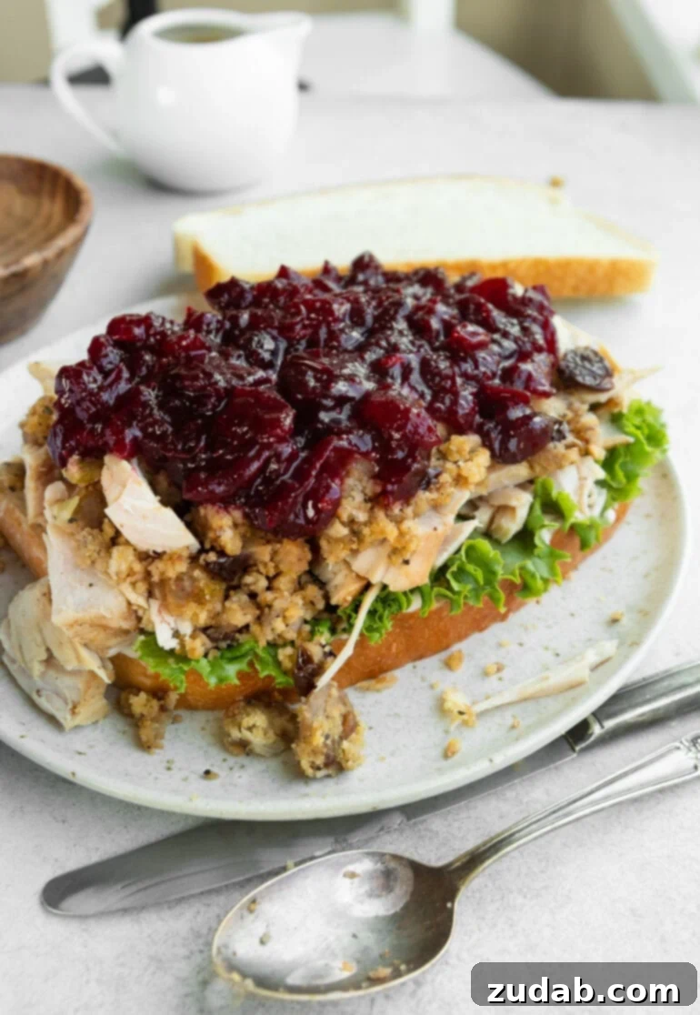 An appetizing close-up of an open-faced Gobbler sandwich, showcasing each delicious layer individually. Visible are crisp shredded lettuce, tender slices of roasted turkey, fluffy savory stuffing, a generous drizzle of rich turkey gravy, and a vibrant spread of tangy cranberry sauce, all resting on a sturdy slice of white bread, highlighting the abundant holiday flavors.