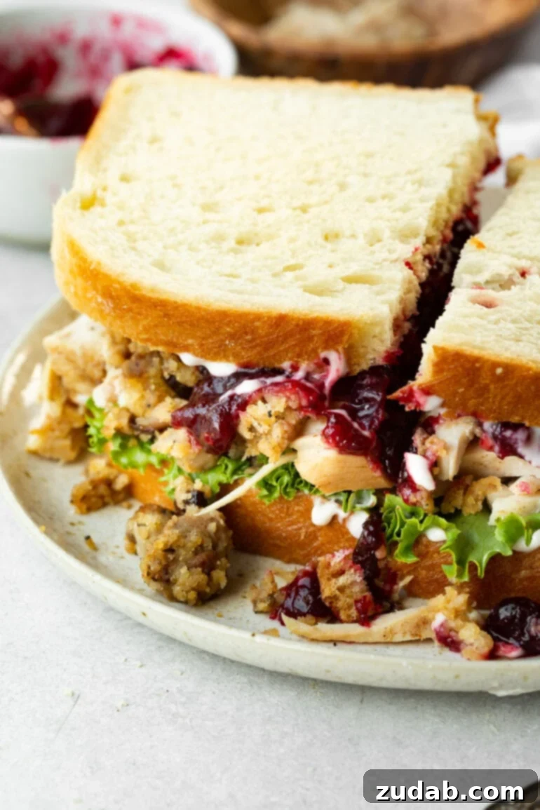 A generously loaded Thanksgiving leftover turkey sandwich, known as The Gobbler, piled high with savory stuffing, vibrant cranberry sauce, rich gravy, and crisp lettuce, all perfectly arranged on slices of soft white bread. This mouthwatering creation is a perfect way to enjoy holiday flavors beyond the main feast.