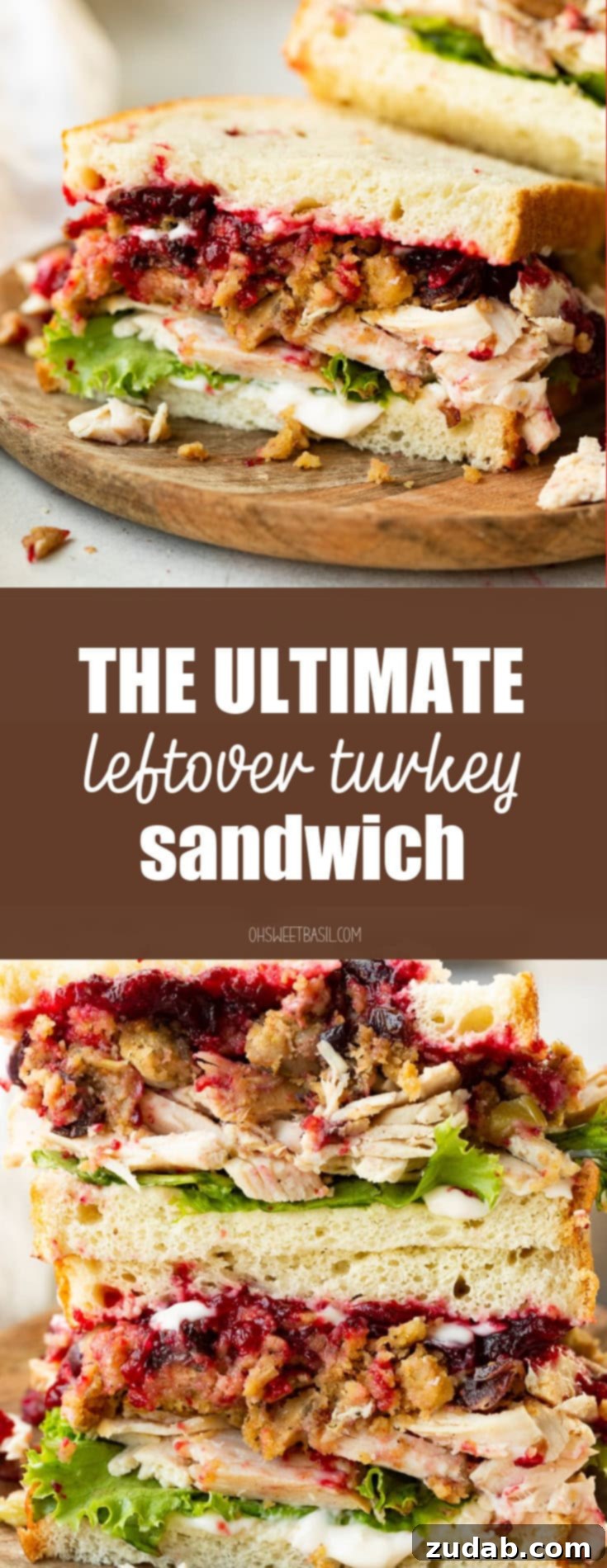 A high-quality image of a half of The Gobbler sandwich, showing its interior layers: turkey, stuffing, cranberry sauce, lettuce, and gravy. This image is perfect for enticing readers to make this delicious Thanksgiving leftover sandwich.