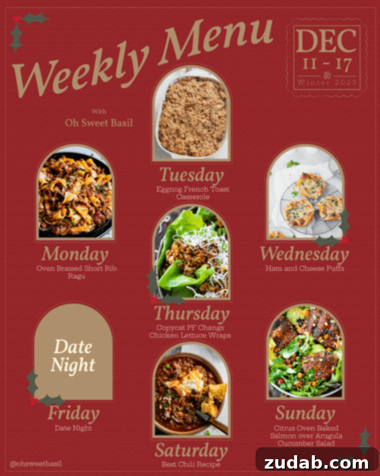 Weekly Menu Plan December 11-17 2 A beautifully presented weekly meal plan graphic, showcasing a variety of delicious dishes for each day, inspiring easy and enjoyable home cooking.