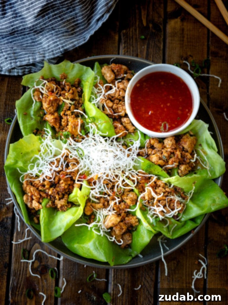 Weekly Menu Plan December 11-17 6 A large elegant platter generously filled with several vibrant Asian chicken lettuce wraps, accompanied by a small bowl of sweet chili dipping sauce.