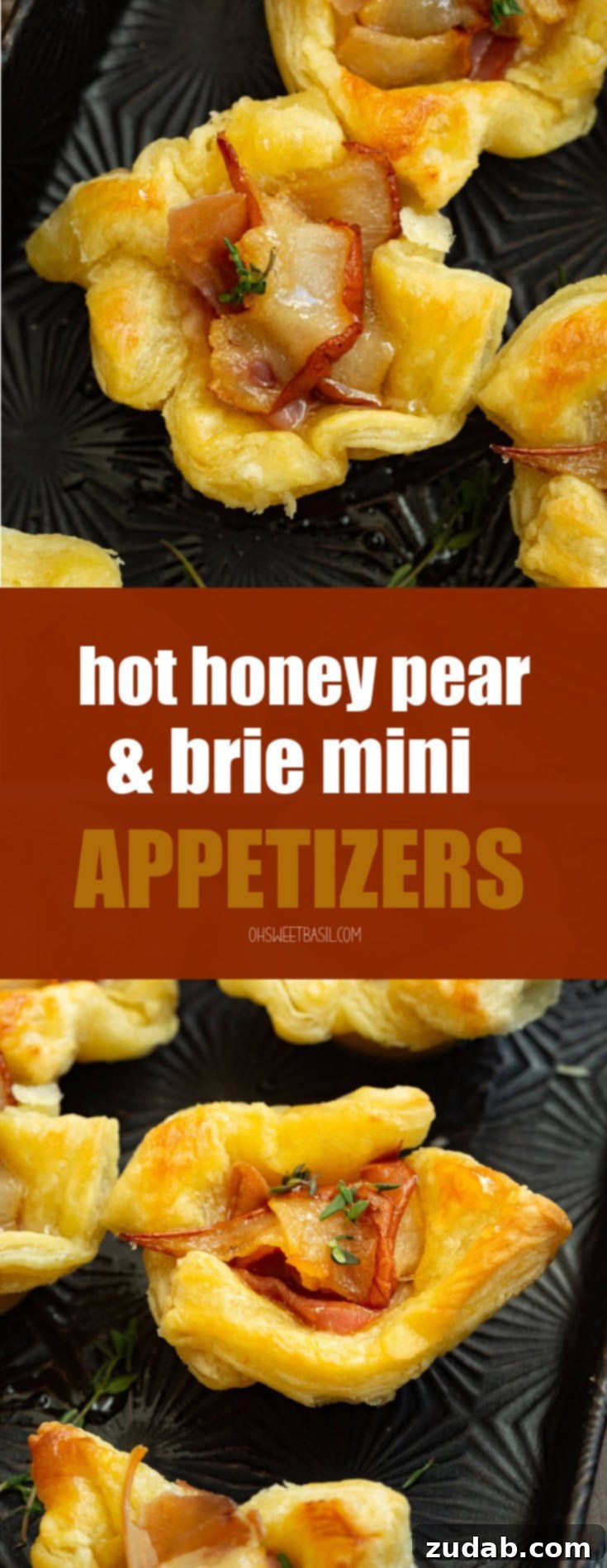 a photo of several puff pastry bite filled with roasted pear, prosciutto, thyme and hot honey