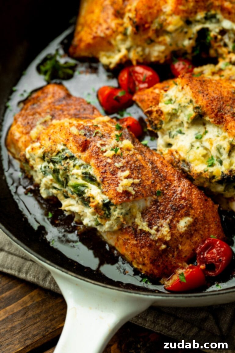 Creamy Spinach Artichoke Stuffed Salmon 2 Two golden-baked salmon fillets generously stuffed with a creamy artichoke spinach filling, presented beautifully on a platter.