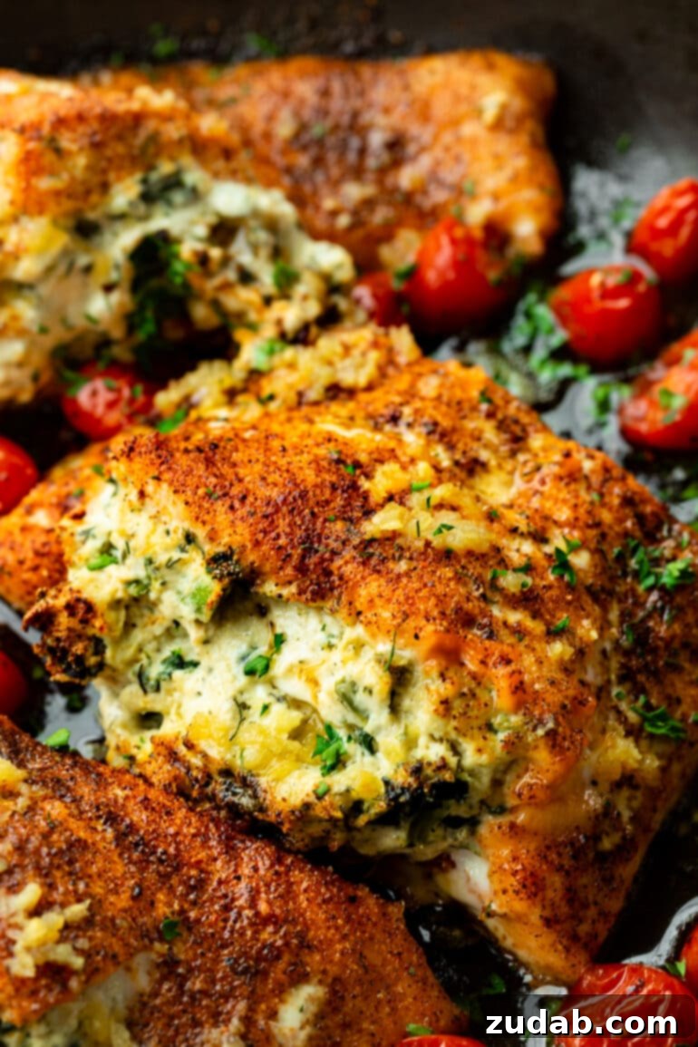 Creamy Spinach Artichoke Stuffed Salmon 3 A close-up photo of a beautifully golden-baked stuffed salmon fillet, showcasing the rich, creamy spinach artichoke filling peeking from inside. It sits on a serving dish, ready to be enjoyed.