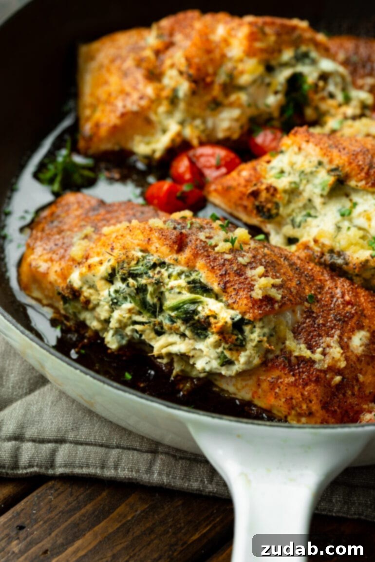 Creamy Spinach Artichoke Stuffed Salmon 6 A perfectly baked, seasoned salmon fillet, carefully stuffed with a creamy spinach artichoke filling, resting on a bed of roasted vegetables. The salmon skin is slightly crisped.
