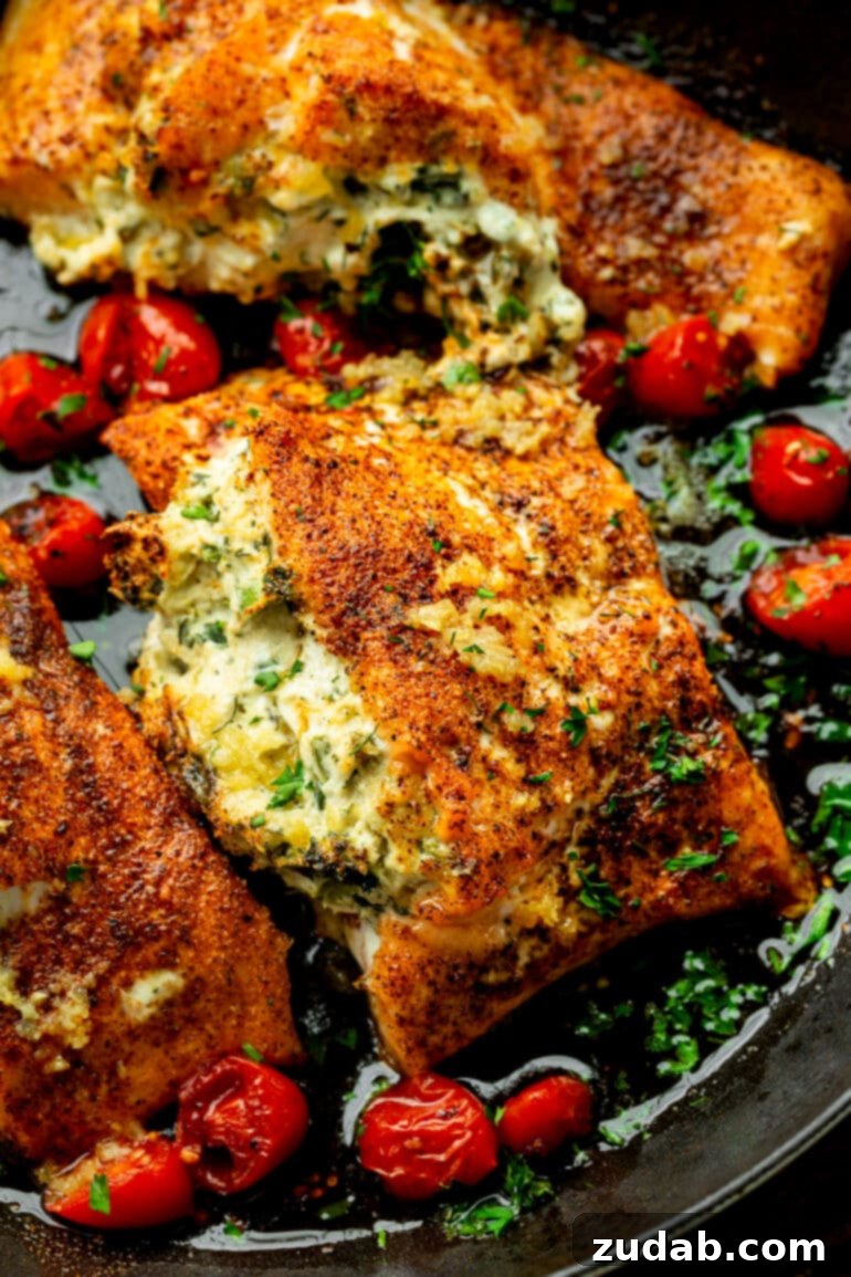 Creamy Spinach Artichoke Stuffed Salmon 7 A beautifully spiced, baked salmon fillet generously stuffed with a creamy artichoke and spinach filling, showcasing its flaky texture and golden crust.
