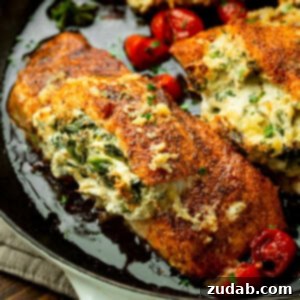 Creamy Spinach Artichoke Stuffed Salmon 8 a photo of two golden baked salmon fillets stuffed with a creamy artichoke spinach filling