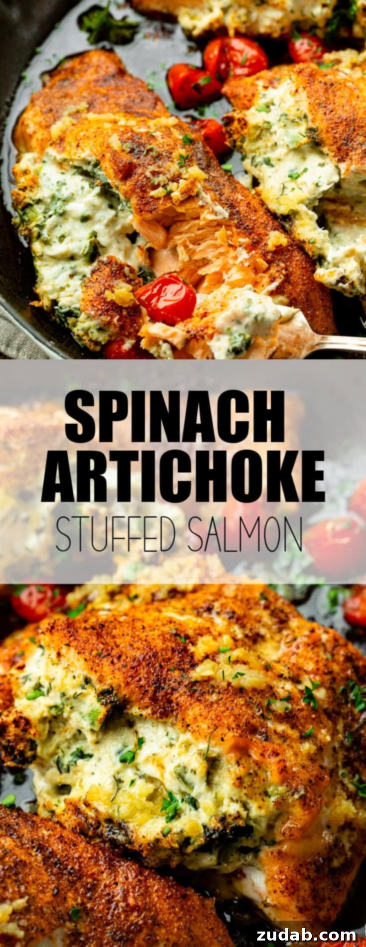 Creamy Spinach Artichoke Stuffed Salmon 9 A vibrant close-up of a creamy spinach artichoke stuffed salmon fillet, surrounded by cooked cherry tomatoes, with a fork poised to take a bite. The dish is inviting and perfectly cooked.
