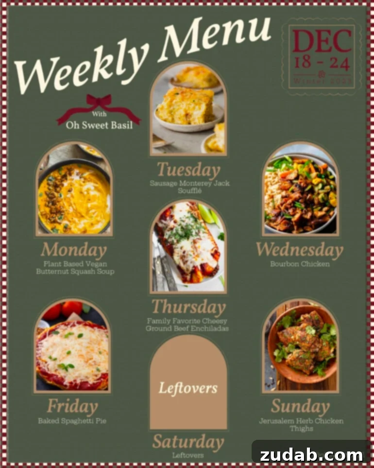 Your Holiday Week Menu December 18-24 2 A beautifully presented weekly meal plan with seven distinct, delicious dishes, ready to inspire your cooking from December 18th to 24th. Each dish is vibrant and inviting, promising a week of effortless and enjoyable meals for families.