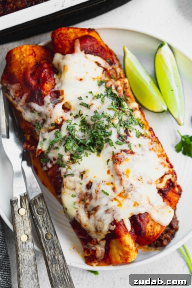 Your Holiday Week Menu December 18-24 6 A close-up shot of bubbling, golden-brown Ground Beef Enchiladas, fresh from the oven, topped with melted cheese and ready to be served. The rich sauce and hearty filling are visible, promising a delicious and comforting family dinner.