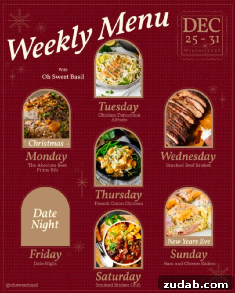 Weekly Meal Plan Dec 25 to 31 2 A festive weekly menu plan image with holiday elements and delicious meal previews for Christmas to New Year's Eve.