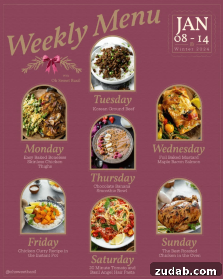 Weekly Menu Plan for January 8 to 14 2 A colorful graphic displaying a structured weekly menu plan, offering organization and visual appeal for meal preparation.