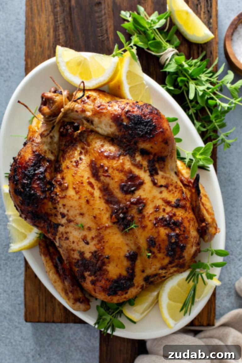 Weekly Menu Plan for January 8 to 14 9 A perfectly roasted whole chicken, glistening with a golden-brown hue, presented elegantly on a white platter. It's garnished with fresh lemon slices and delicate sprigs of thyme.