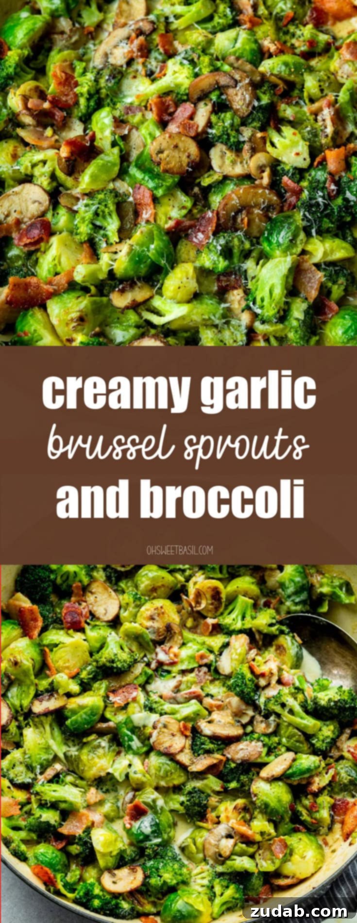 Luscious Garlic Parmesan Broccoli and Sprouts 9 A large cast iron skillet is filled with the finished creamy Brussels sprouts and broccoli dish, garnished with crispy bacon and fresh herbs, ready to be enjoyed.