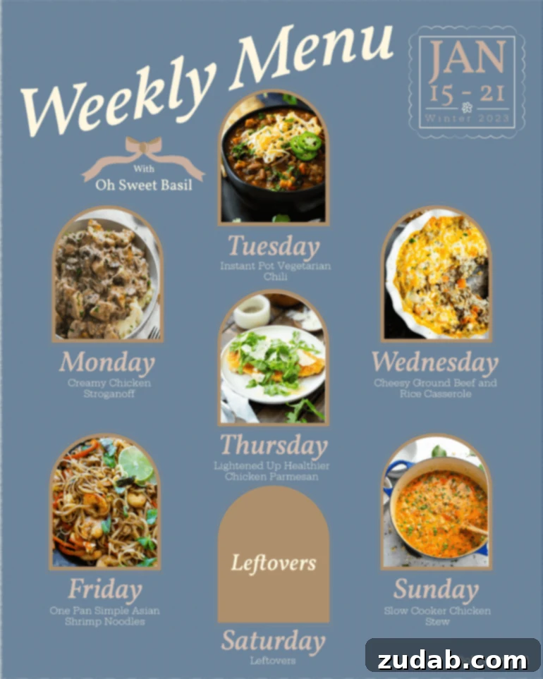 Weekly Meal Plan January 15-21 2 A vibrant collage showcasing all the delicious meals planned for the week, from creamy stroganoff to spicy chili and savory noodles.