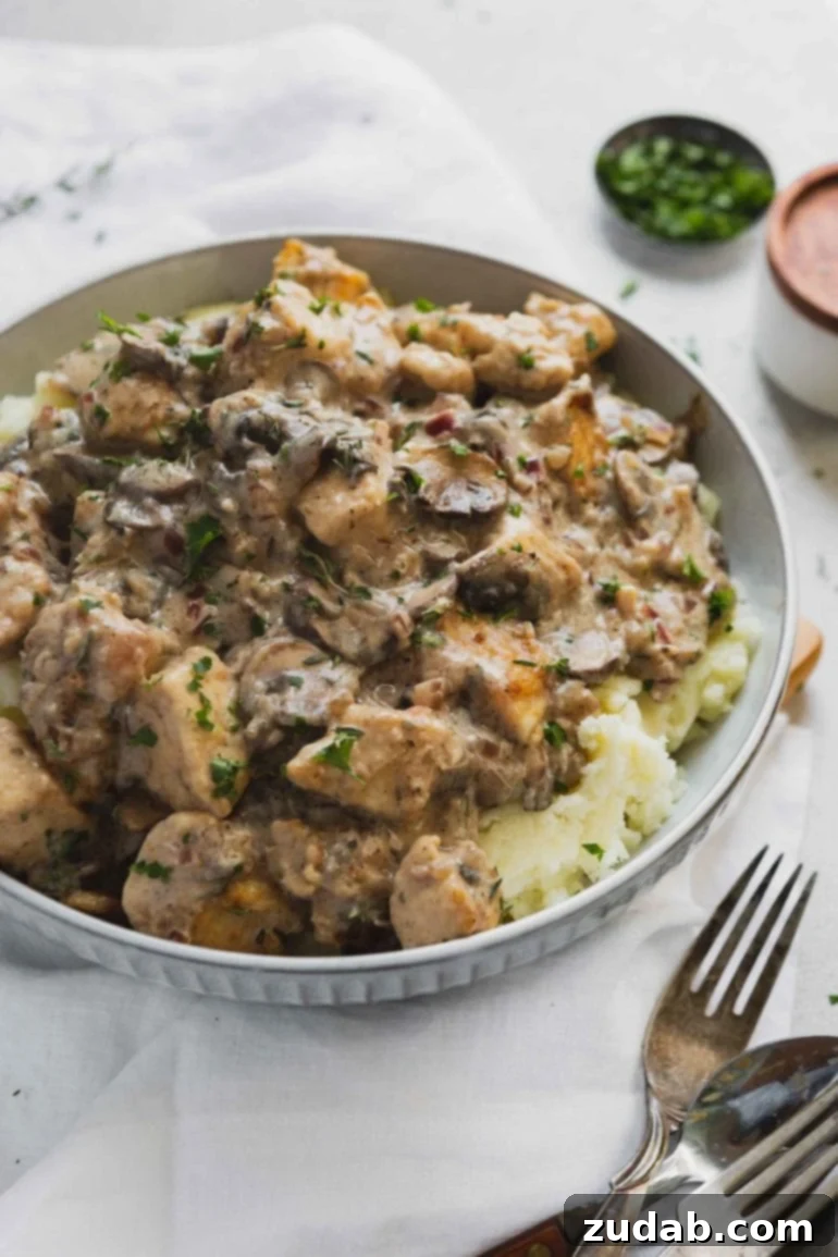 Weekly Meal Plan January 15-21 3 A generous serving of creamy chicken stroganoff over mashed potatoes, showcasing tender chicken pieces and mushrooms in a rich, savory sauce.