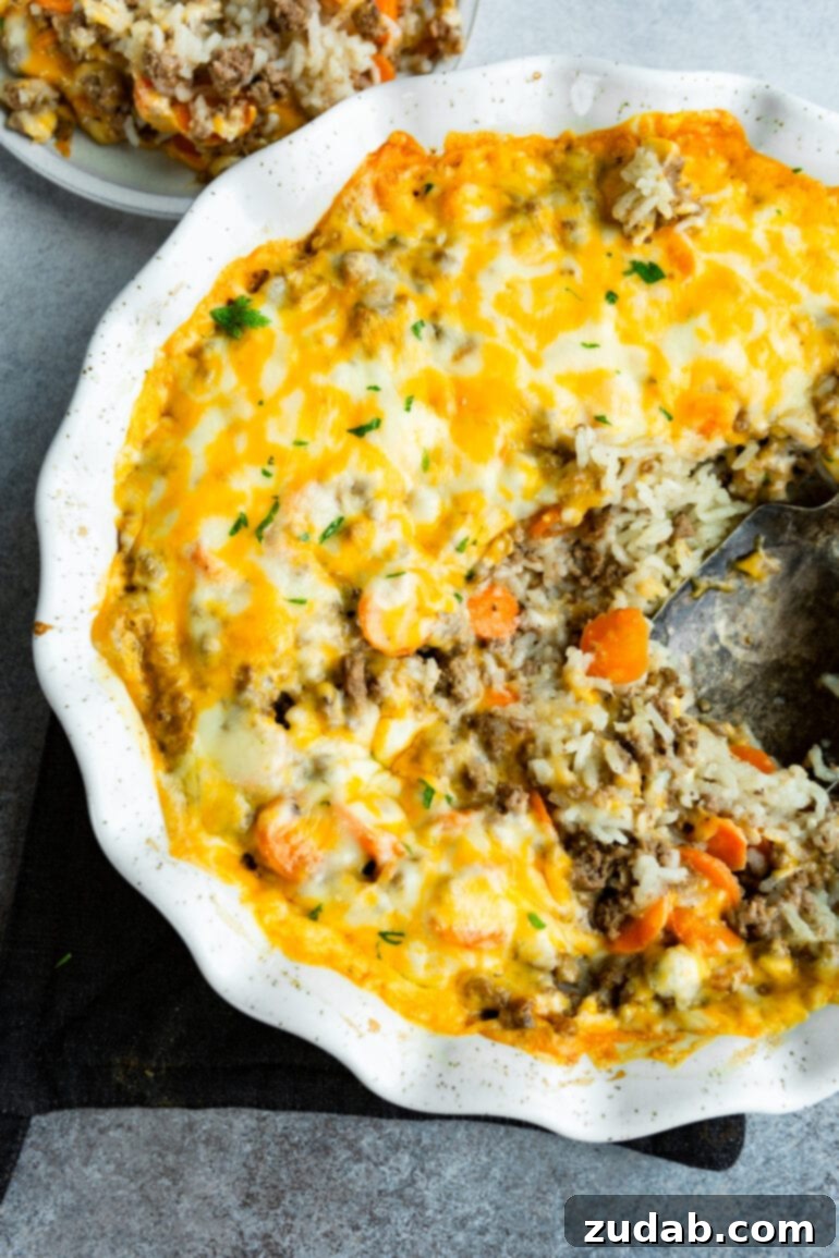 Weekly Meal Plan January 15-21 5 A round ceramic baking dish filled with a bubbling ground beef and rice casserole, generously topped with golden melted cheese, with a serving spoon removing a scoop.