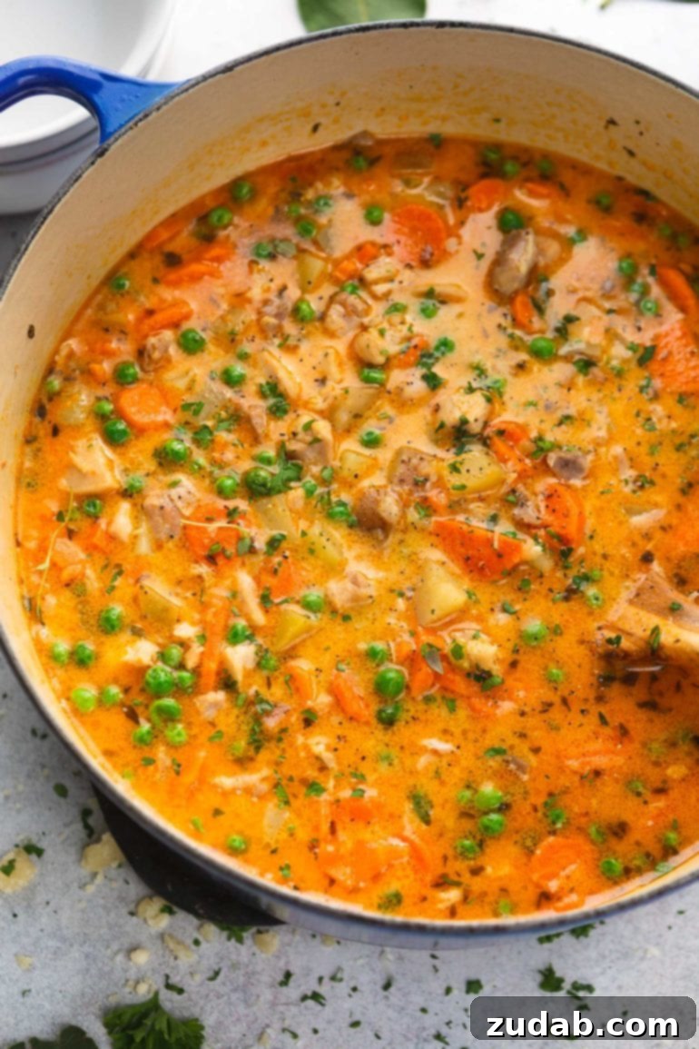 Weekly Meal Plan January 15-21 8 A generously filled pot of slow cooker chicken stew, brimming with tender chicken pieces, colorful vegetables, and aromatic herbs in a rich, reddish-yellow gravy.