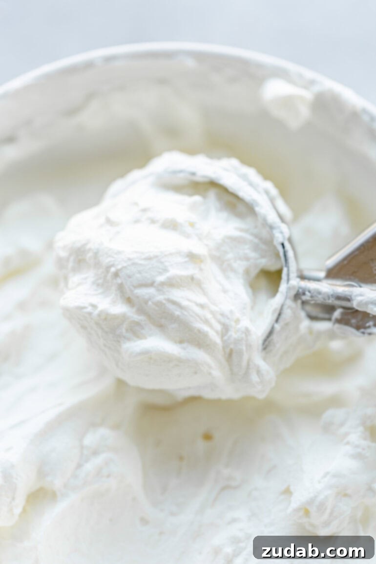 a photo of someone scooping up from thick and fluffy mascarpone whipped cream