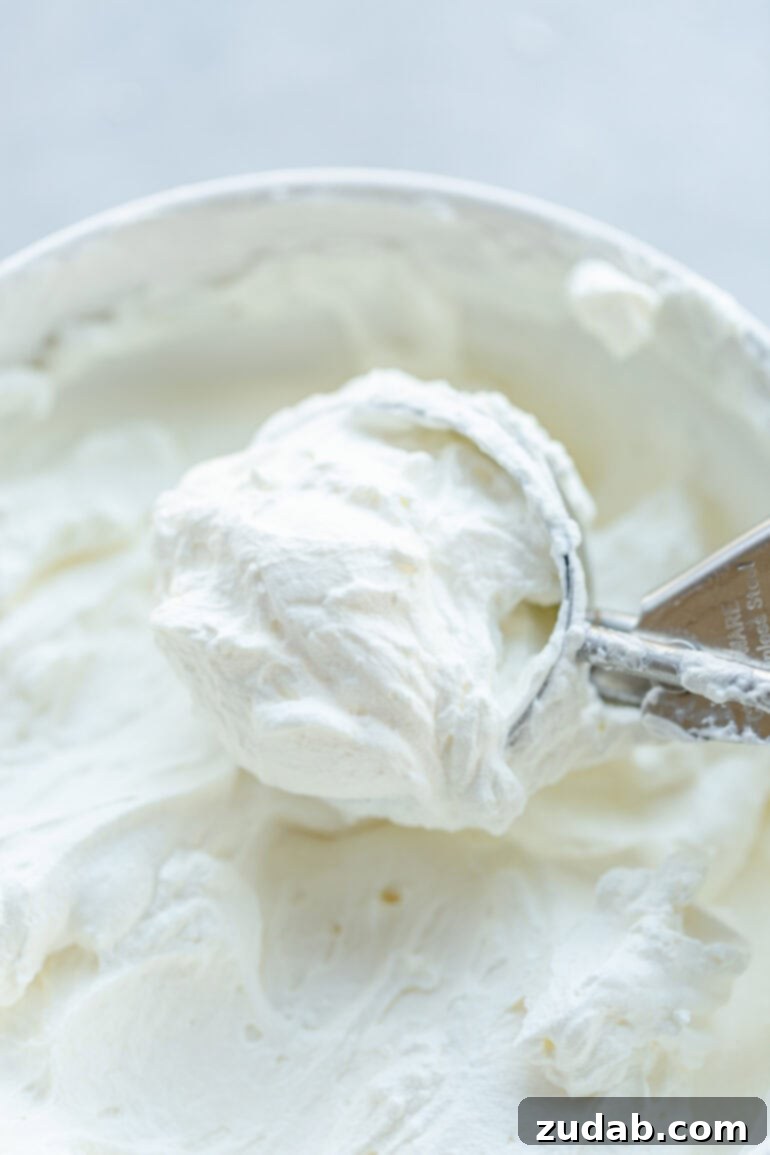 a photo of someone using an ice cream scoop to scoop up from mascarpone whipped cream from a big bowl of it