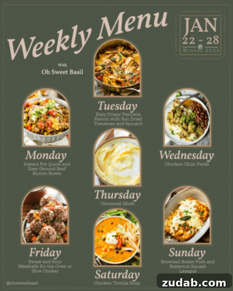 Weekly Menu Plan: January 22-28 2 A vibrant collage showcasing all seven delicious weekly meal plan recipes, from comforting burritos to hearty lasagna, promising easy family dinners throughout the week.