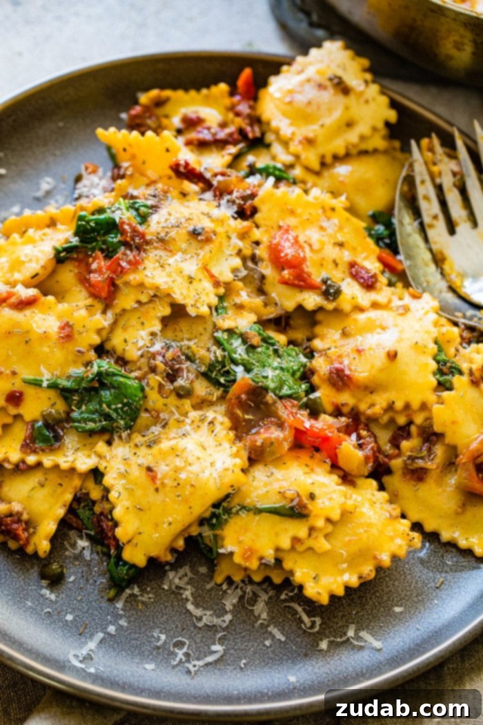 Weekly Menu Plan: January 22-28 4 Close-up shot of crispy pancetta ravioli served in a bowl, featuring golden-brown pancetta pieces, vibrant sun-dried tomatoes, and fresh spinach, highlighting an easy yet elegant dinner.