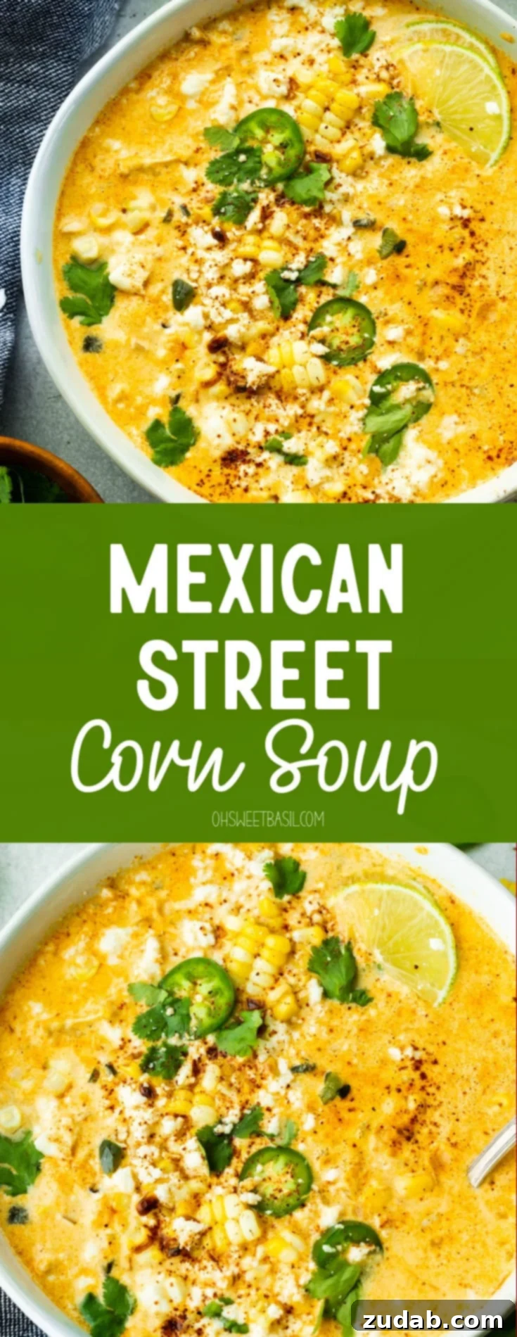 Creamy Elote Chowder 10 A large bowl of creamy Elote corn soup, generously topped with vibrant slices of jalapeño, fresh lime wedges, crumbled cotija cheese, and chopped cilantro, ready for a delicious meal.