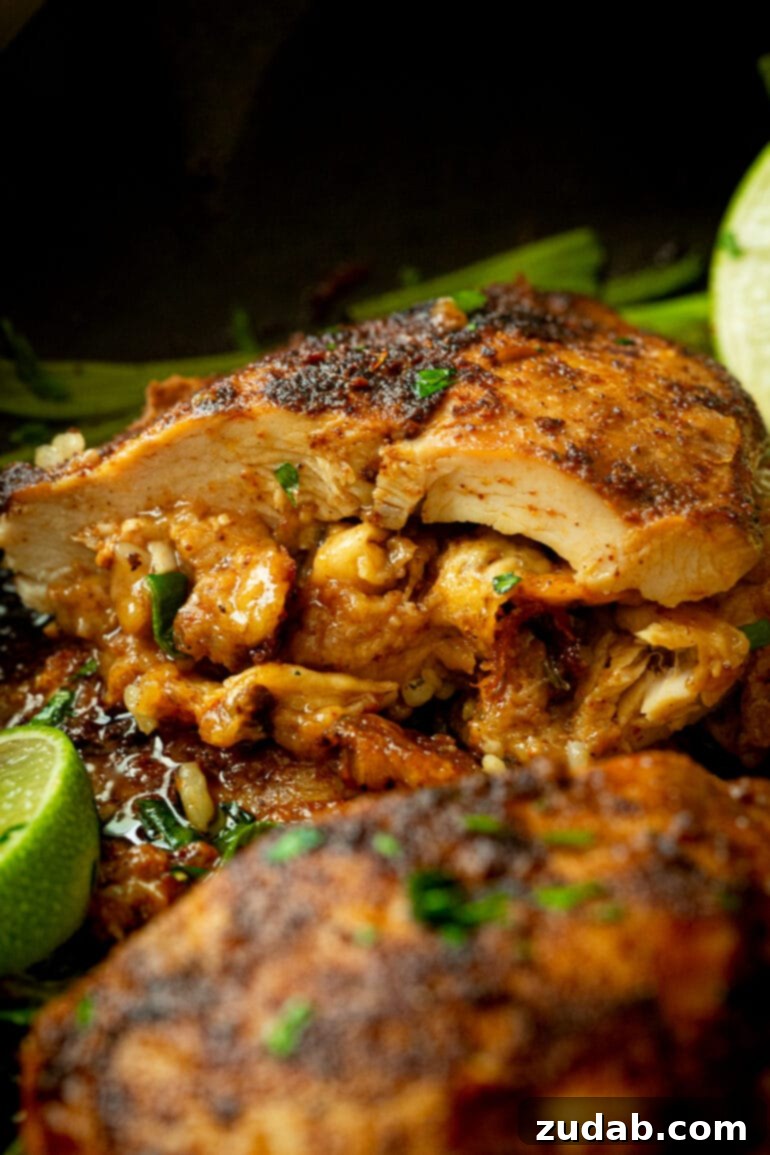Smoky Chorizo Chicken Supreme 4 A photo of a perfectly seared and baked stuffed chicken breast, golden brown and ready to be served, showcasing the delicious exterior.